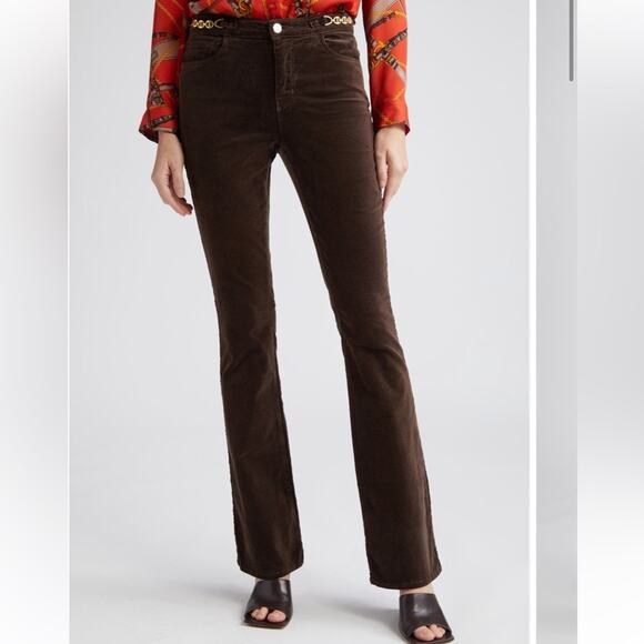 NEW L’Agence Stevie chocolate brown velveteen gold chain detail bootcut pants - Picture 1 of 16